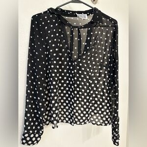 Black & White Polka Dot Vintage Look Mesh Blouse With All Buttons and Tie Sm-Med
